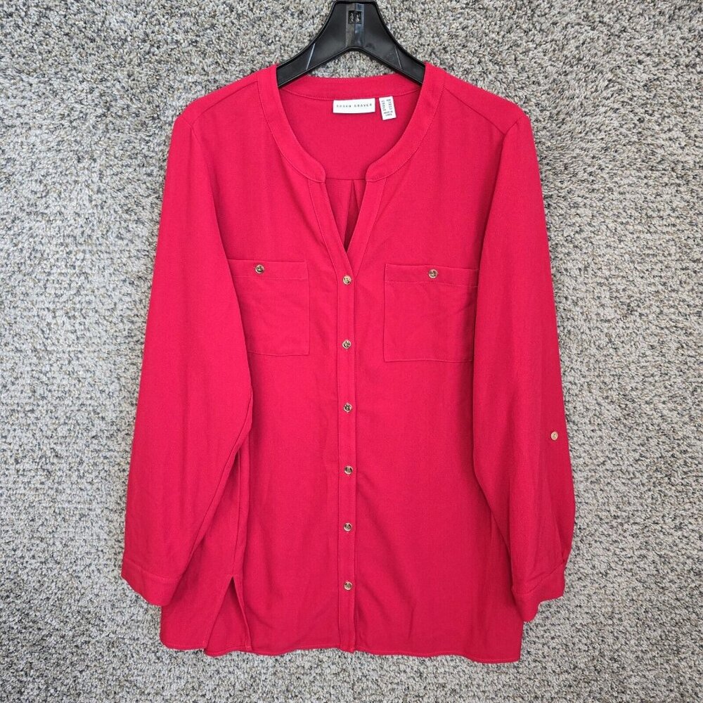 Susan Graver‎ Top Womens Plus 18W Red Button Up Long Sleeve Blouse Casual Ladies